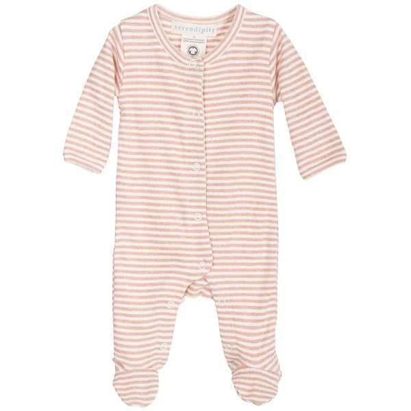 One-piece suit with long sleeve and legs with feet, in powder clay rose and off-white stripes. The suit is made for new-born and premature babies. All our mélange cotton ribs are GOTS certified. Push buttons are located all the way from the neck to the feet for easy change.