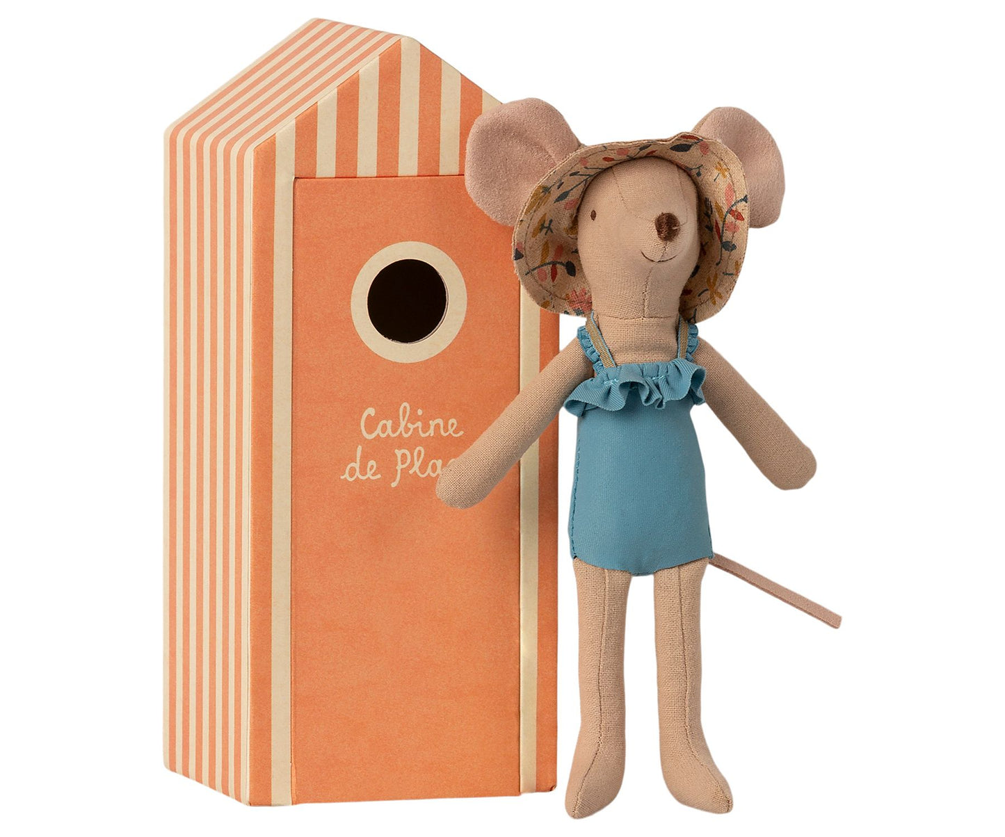 Maileg mice in beach cabbin wear a blue swimsuit and sun hat hand made