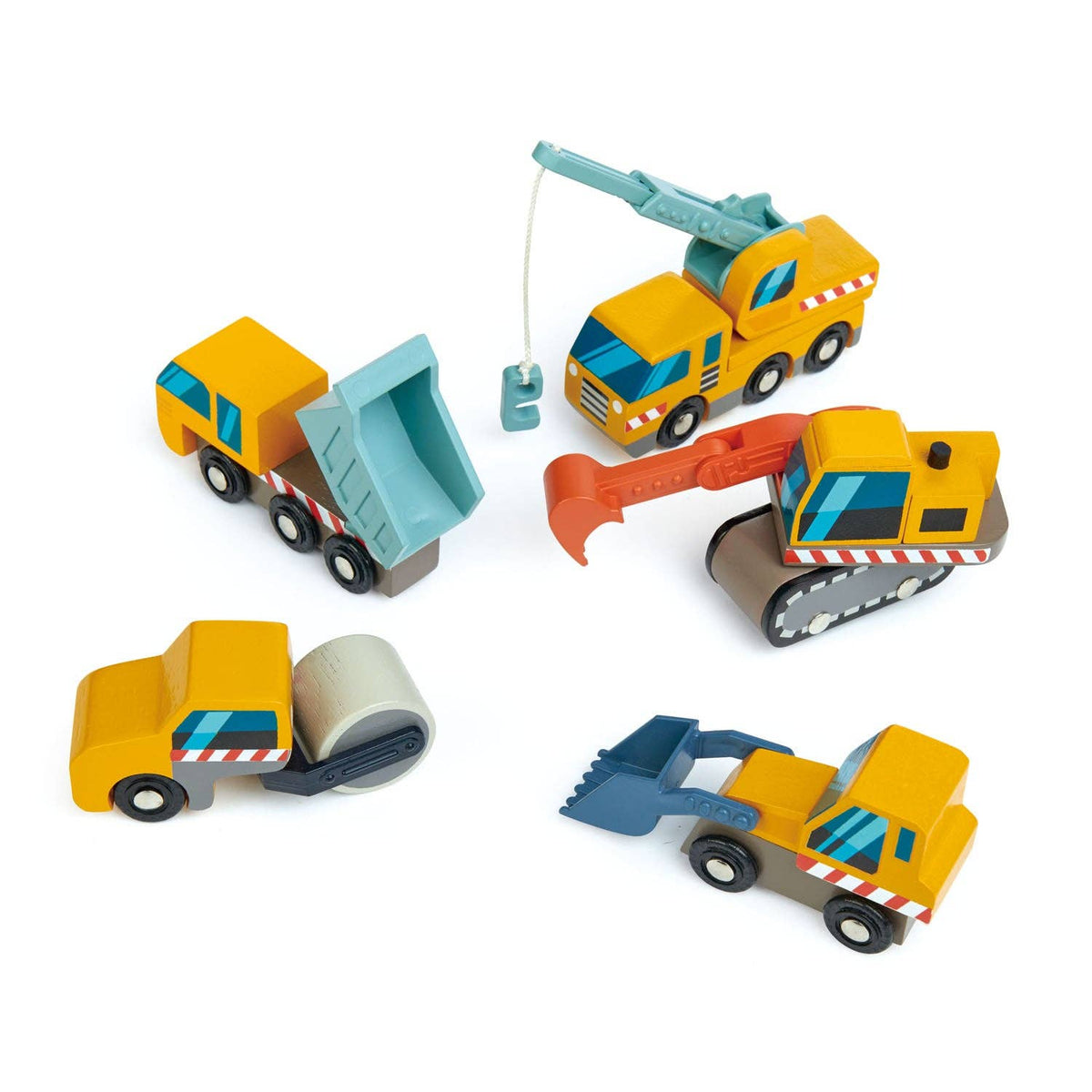 Set of toy construction vehicles on a white background