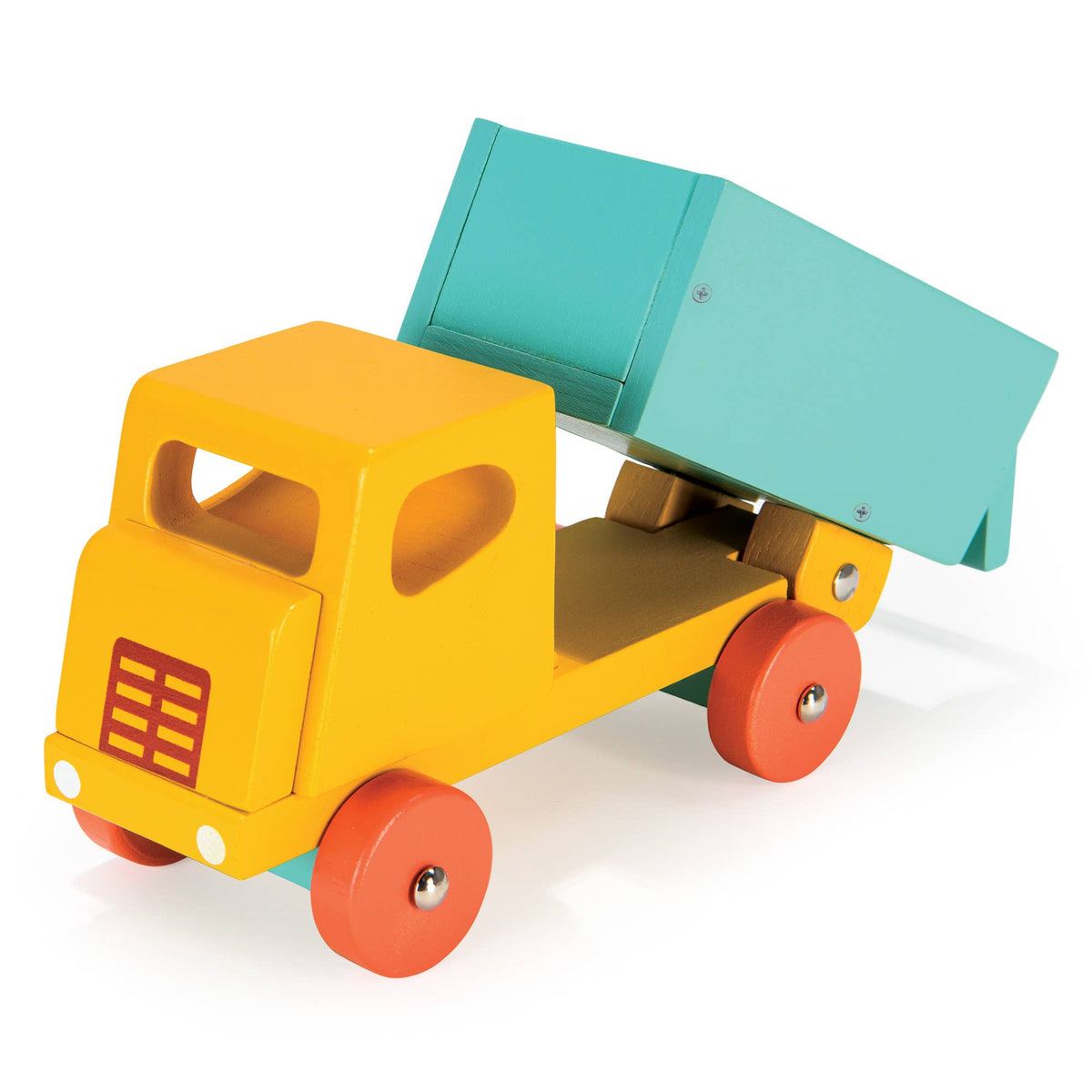 Colorful toy truck with a green bed on a white background