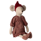 Stuffed maileg mouse toy wearing a red hat and dress on a white background, prefect Christmas gift