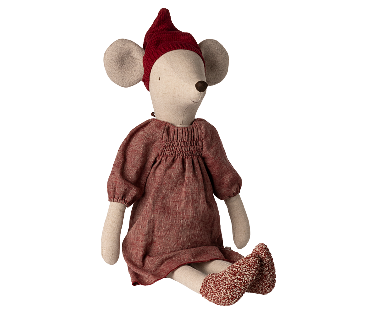 Stuffed maileg mouse toy wearing a red hat and dress on a white background, prefect Christmas gift