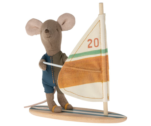 Surfer Mouse little brother Maileg Mouse is set for a day surfing, wooden surf board