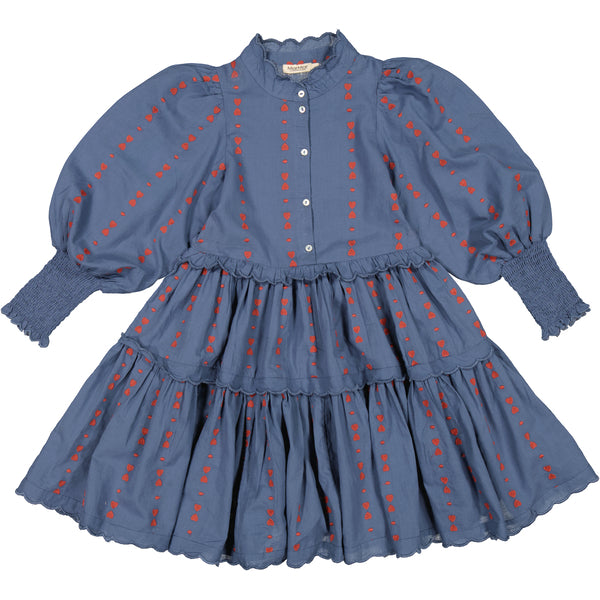 Tiered dress with a cute collar, voluminous sleeves with smock and fine embroidered scallop edges . The dress have button closure in the front and the length goes above the knee.MarMAr copenhagenPiri red heart girls dress