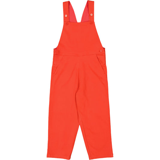 Unisex scarlet dungarees, with adjustable straps pacthpockets, and buttons inthe legs for shanging.