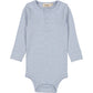 Light blue ribbed long-sleeve baby bodysuit with two-button placket at the neckline. Made from soft, stretchy fabric for comfort. Features snap closures at the bottom for easy diaper changes. Brand label "MarMar" visible inside the collar.
