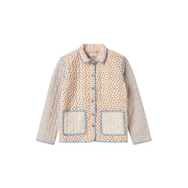 Patterned jacket with button details on a white background