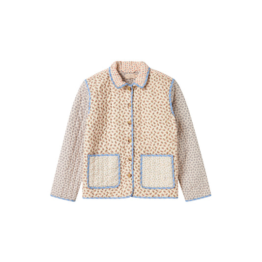 Patterned jacket with button details on a white background