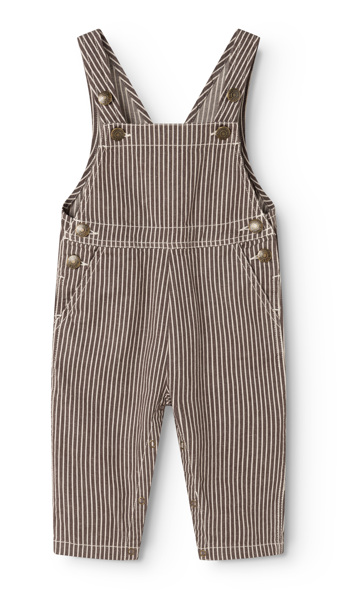 Brown and white vertically striped corduroy baby overalls with adjustable shoulder straps and front button closures, shown flat on a white background.