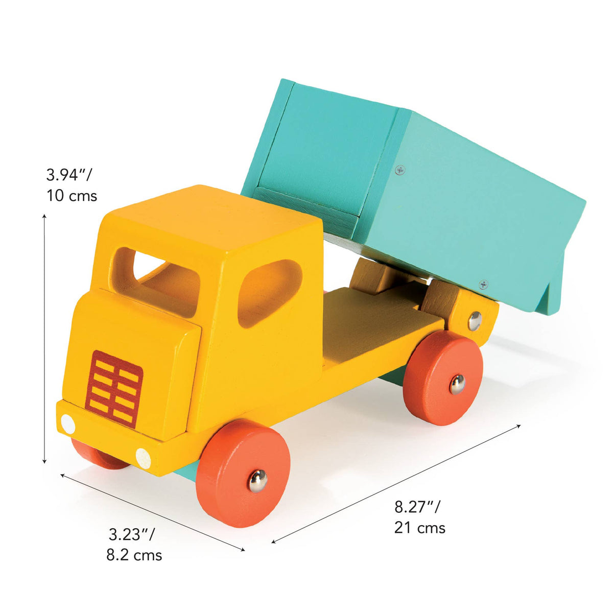 Colorful toy truck with dimensions indicated on a white background
