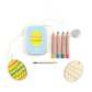 An Easter decoration gift tin with DIY craft kit for kids, including wooden eggs, watercolor pencils, glitter glue, a brush, and ribbon displayed on a white background.