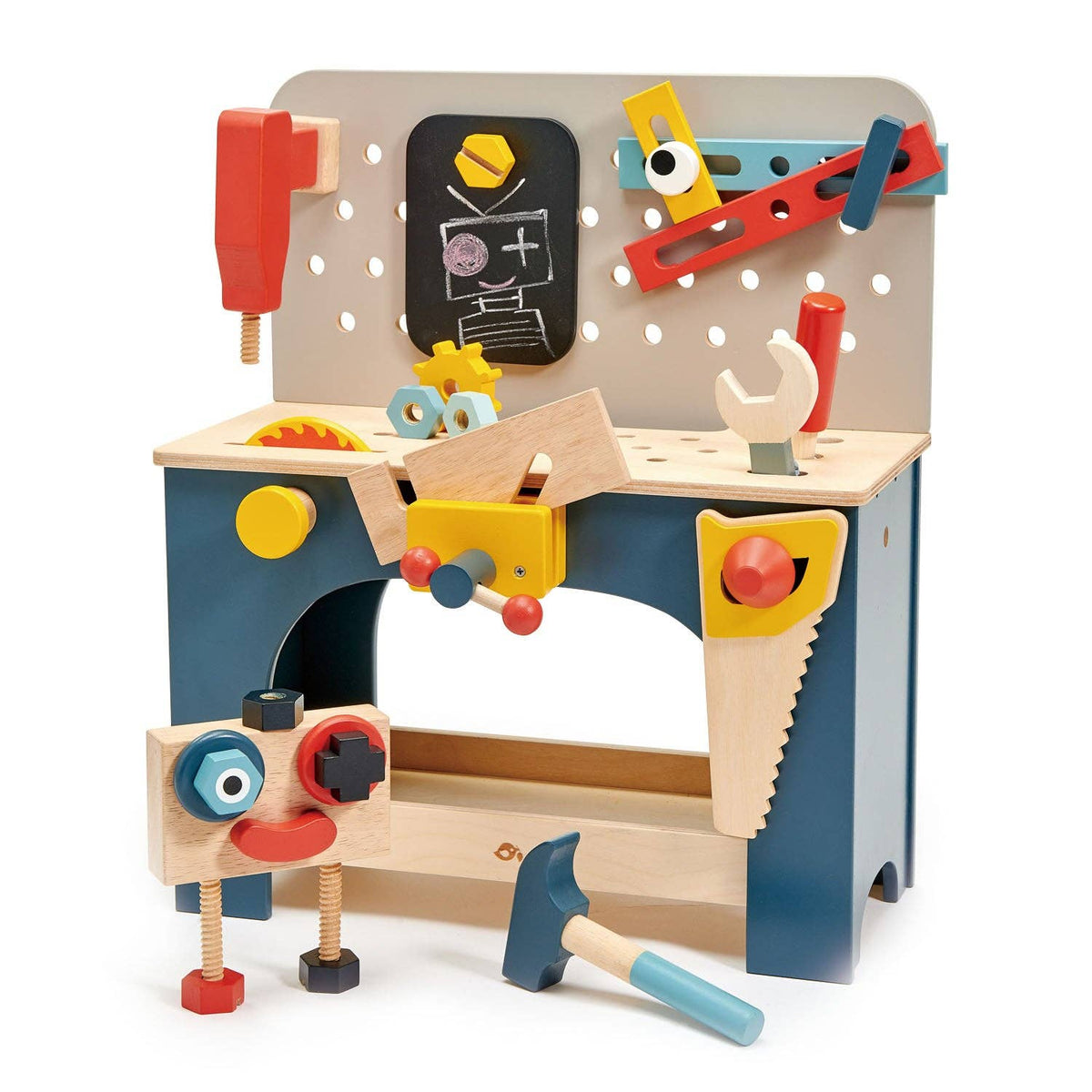 Wooden toy workbench with tools and accessories on a white background