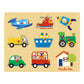 Wooden puzzle with colorful transportation-themed toys on a beige background