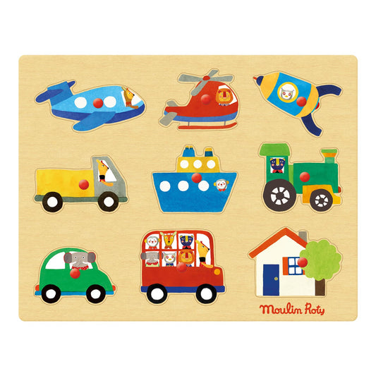 Wooden transport peg puzzle
