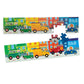 Children's puzzle with colorful vehicles and buildings on a white background