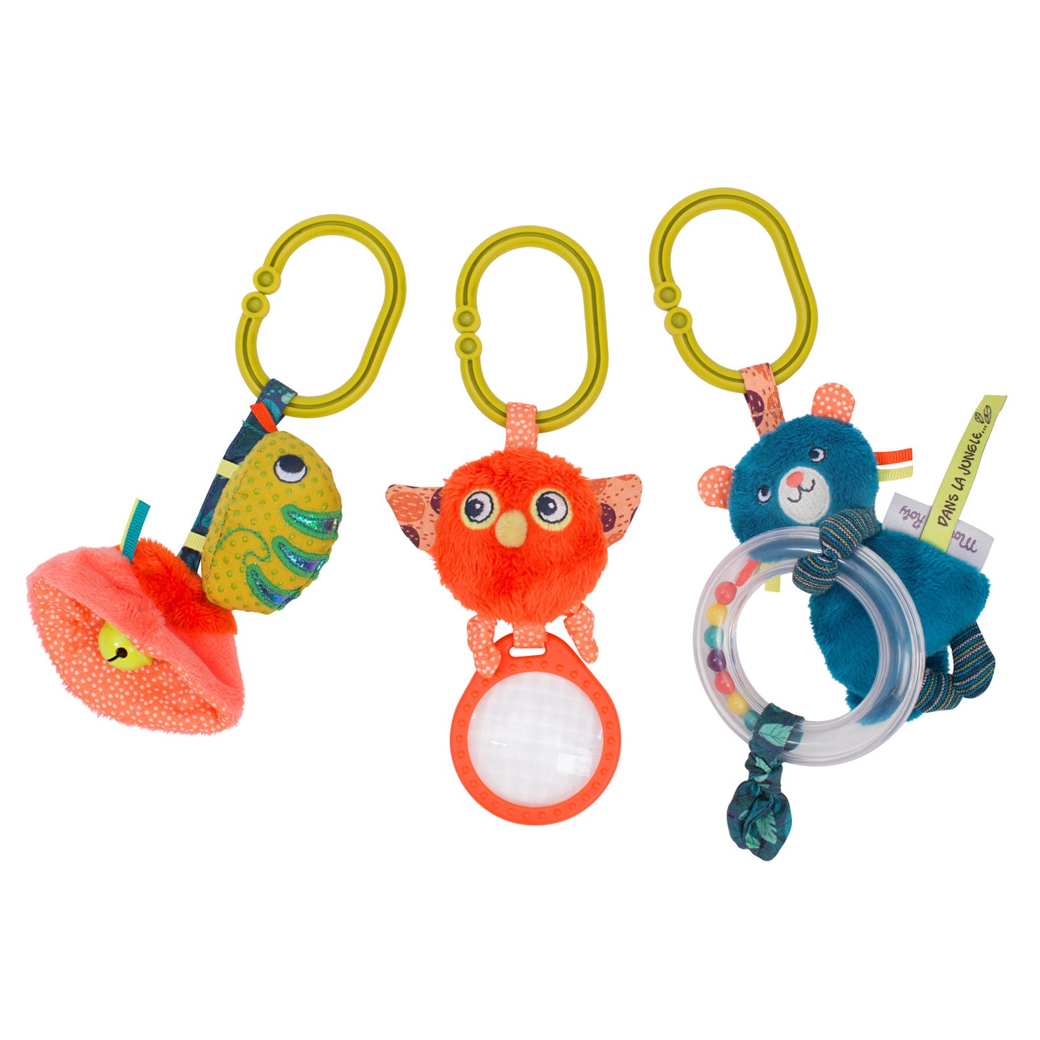 Three colorful baby toys with animal designs on a white background