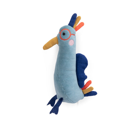 Blue plush toy with colorful accents on a white background