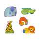 Set of colorful animal-shaped wooden toys on a white background