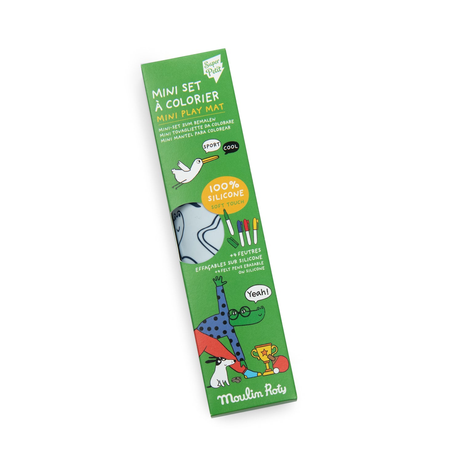 Green packaging of a mini coloring set with illustrations on a white background