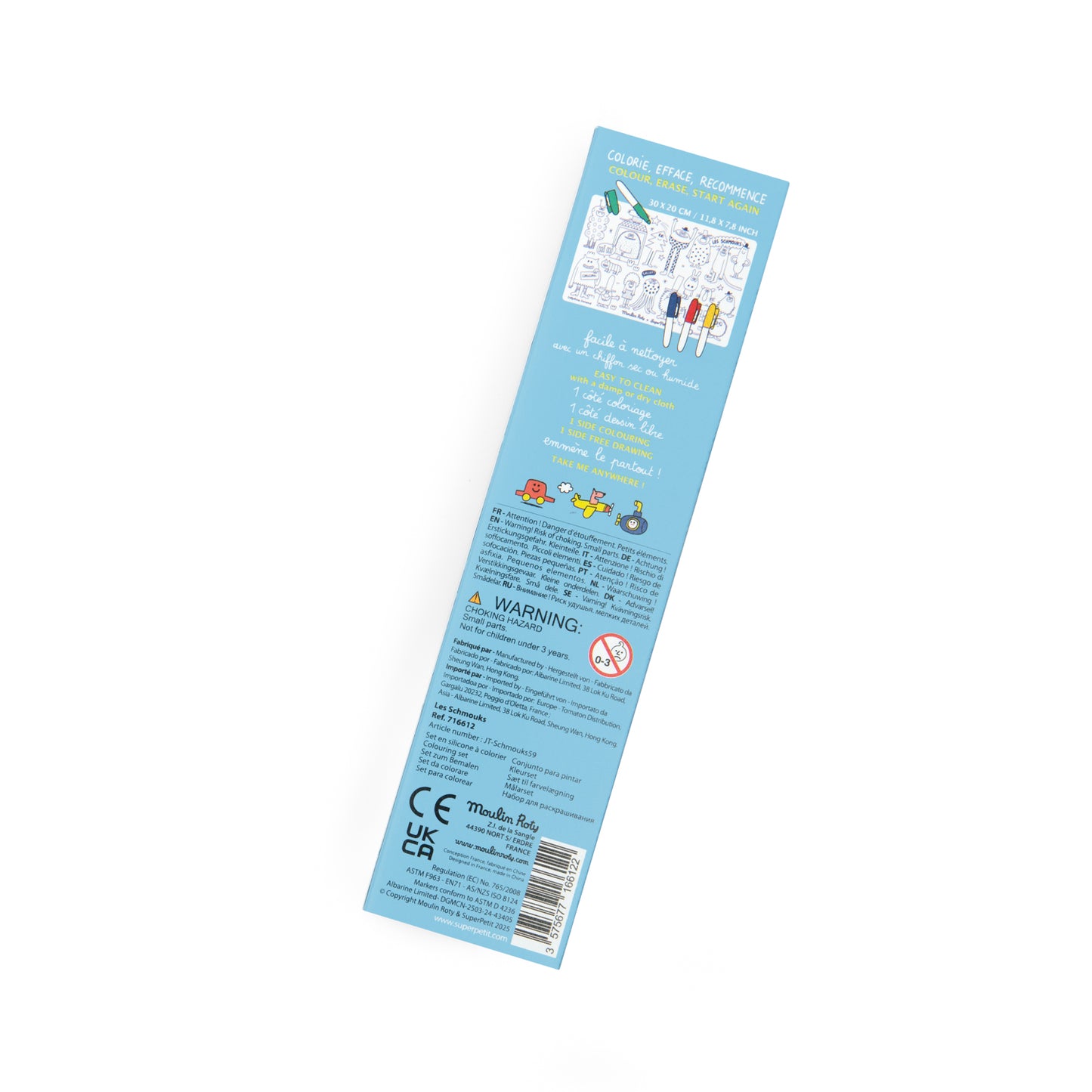 Blue product label with text and icons on a white background