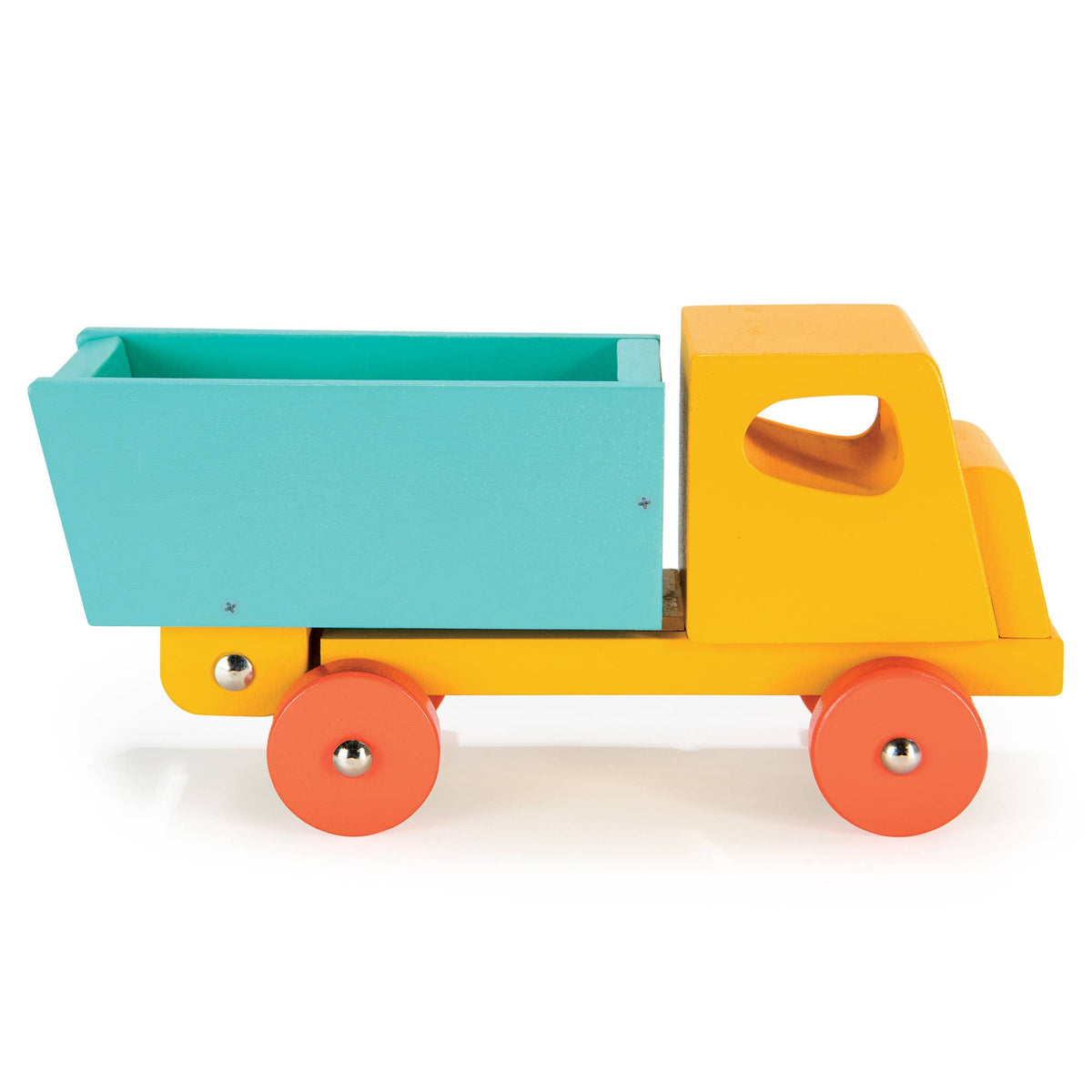 Colorful toy truck with a blue bed and orange wheels on a white background