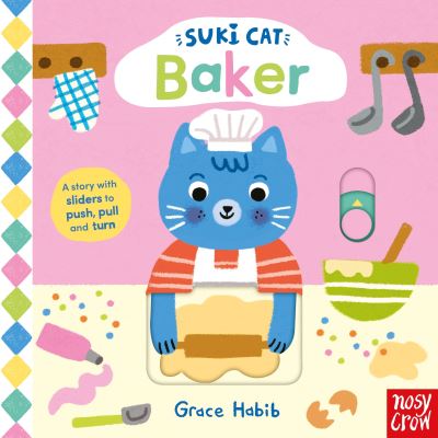 Book cover of 'Suki Cat Baker' with a blue cat character on a pink background.