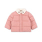 A pink puffer jacket with a white faux-fur collar featuring embroidered cartoon faces, shown against a plain white background.