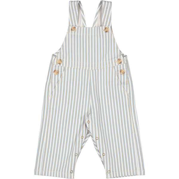 unisex dungarees with two buttons on the front  and 1 on the back, adjustable straps for growing room.