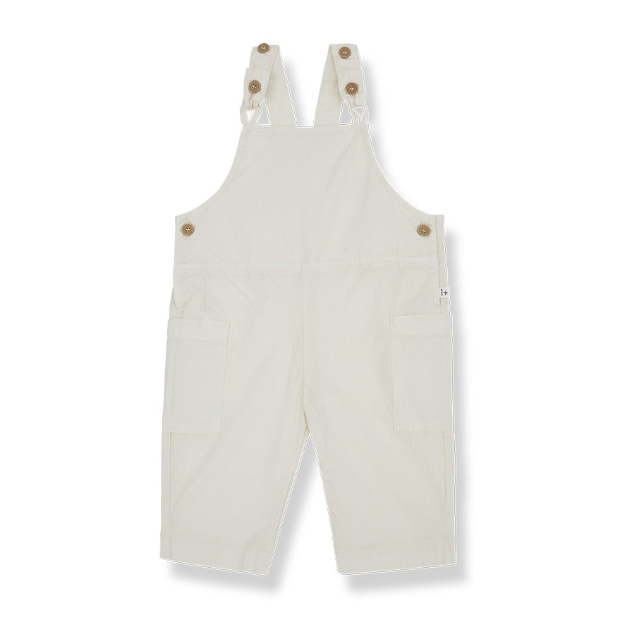 Soft linen biege dungarees with wooden buttons and pockets