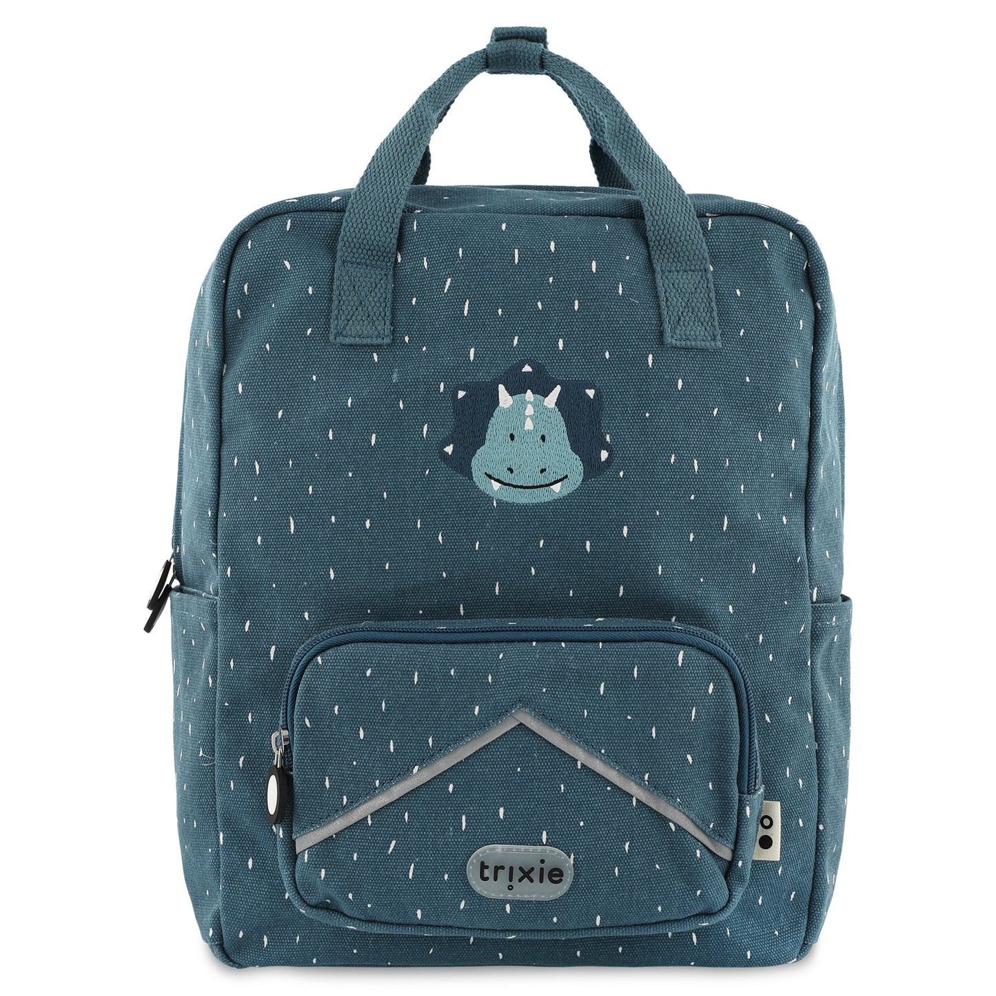A blue Trixie kids backpack featuring a dinosaur design with a smiling triceratops, 3D dino spikes, and a front pocket.