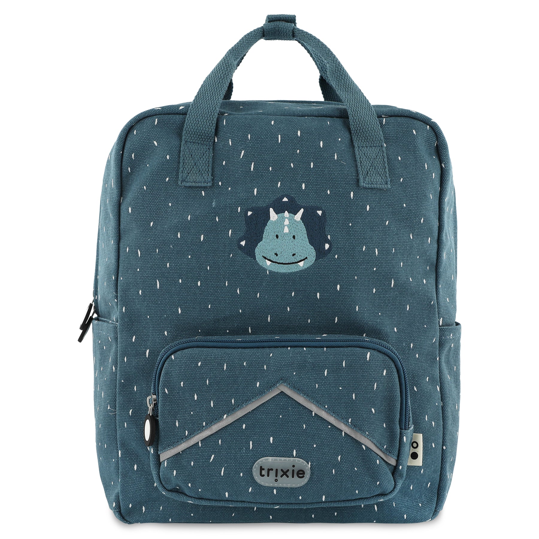 A blue Trixie kids backpack featuring a dinosaur design with a smiling triceratops, 3D dino spikes, and a front pocket.