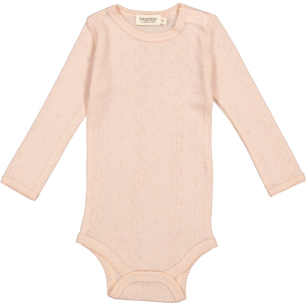 100% Merino Wool baby body with long sleeves, snap buttons on the neck and legs for easy changing Sheer rose colour By Marmar
