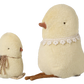Two fluffy cream-colored chicks with lace details on a white background
