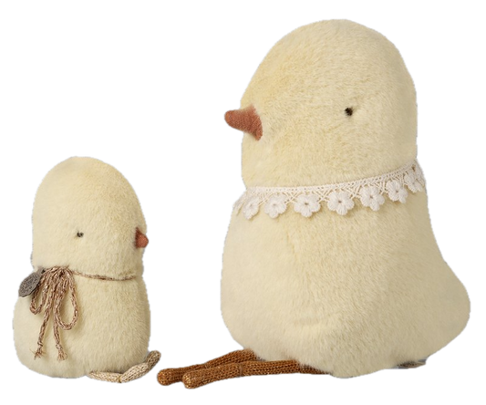 Two fluffy cream-colored chicks with lace details on a white background