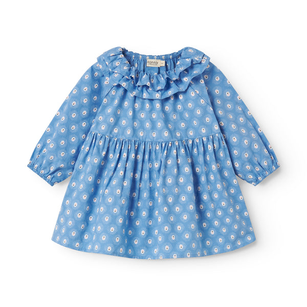 Blue dress with white floral pattern on a white background