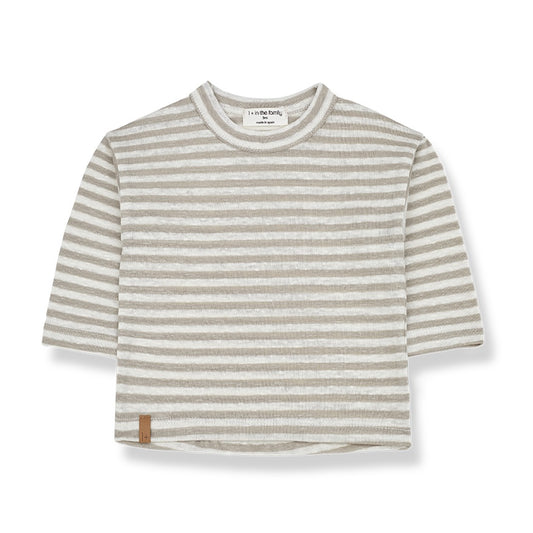 Long sleeve round neck t-shirt, ivory and beige stripes, made by 1 + in the family sold at Sonny Bear