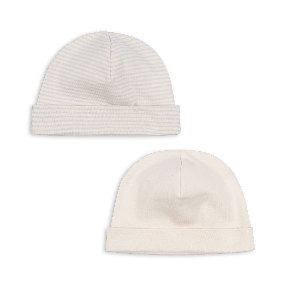 Two hats, one striped and one plain, on a white background