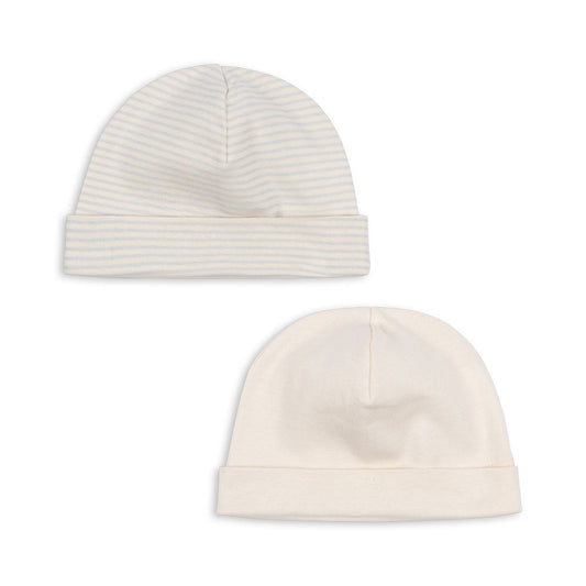Two hats, one striped and one plain, on a white background