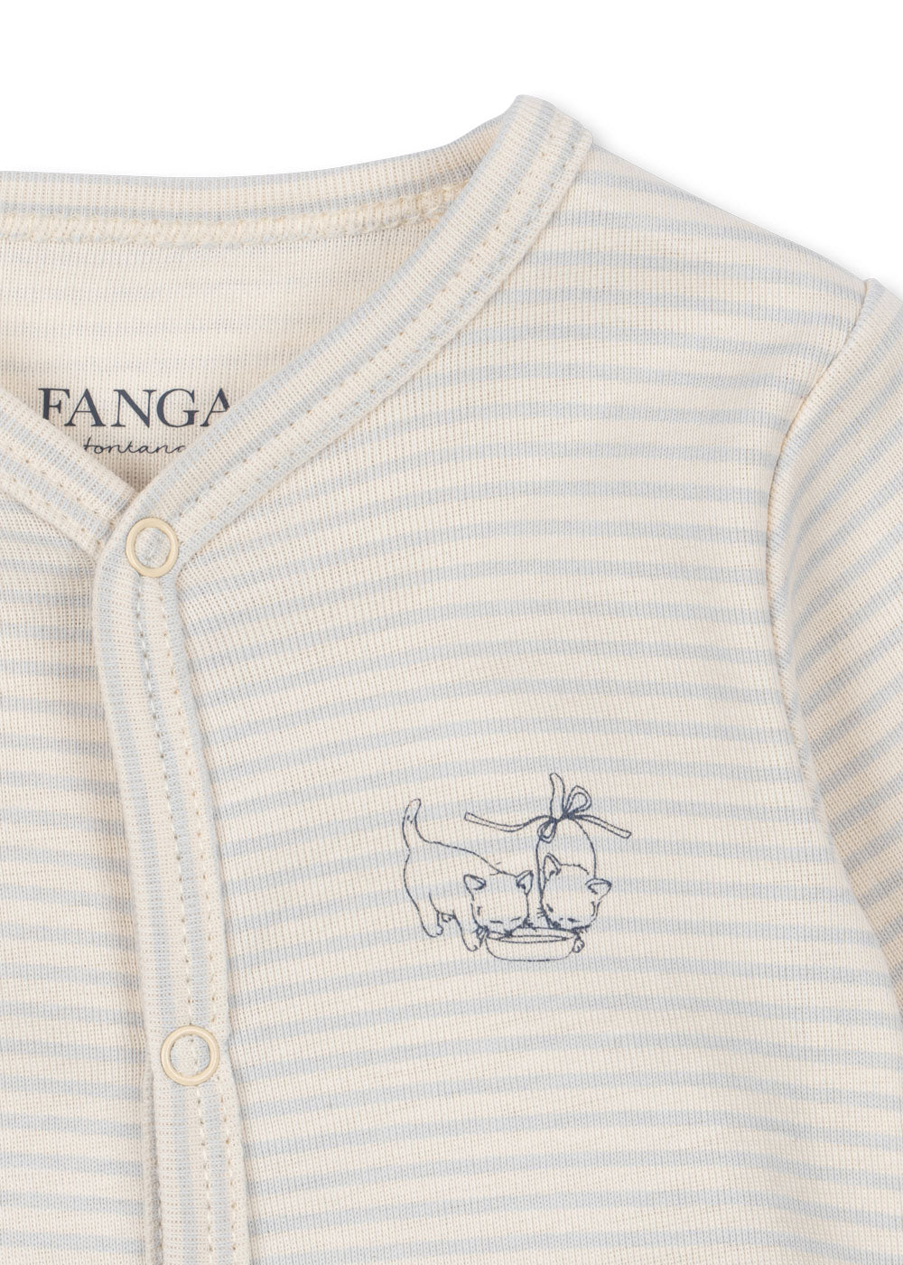 Close-up of a baby outfit with a cat and fish design and 'FANGA' branding.