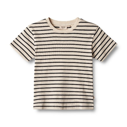 Wheat navy stripe t-shirt for boys or girls, round neck shsort sleeves