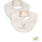Two organic cotton baby bibs, one striped and one plain, on a white background with a duck logo.