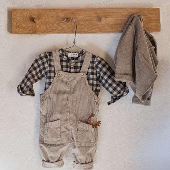 1 + in the family boys dungarees in cord with a check shirt.