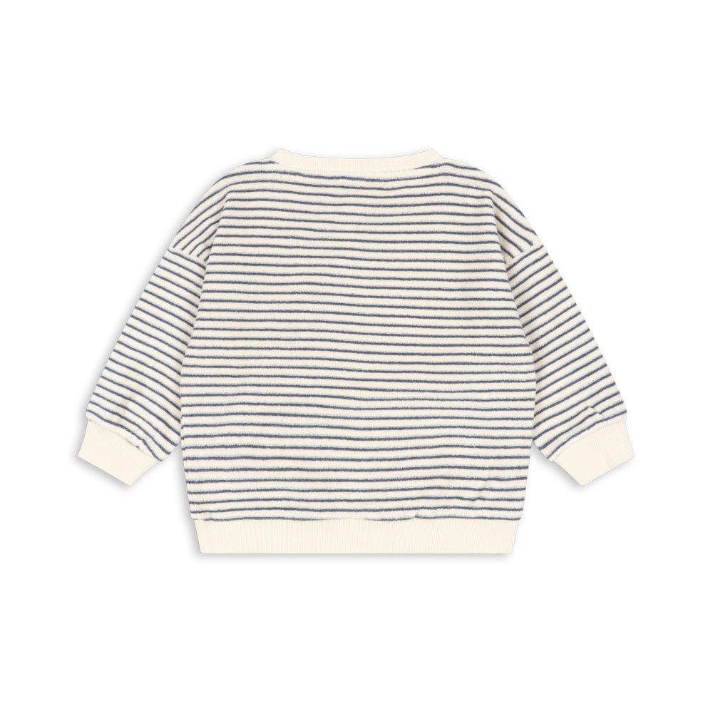 A long-sleeve knit top with thin horizontal gray stripes on an off-white base, featuring solid off-white ribbed cuffs, hem, and collar, shown from the back on a white background.