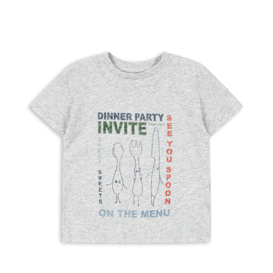 Boys Gray organic t-shirt with graphic design and text on a white background