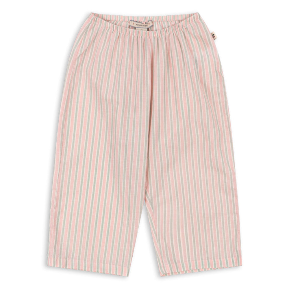 Pink and white striped organic cotton Girls summer pants on a white background