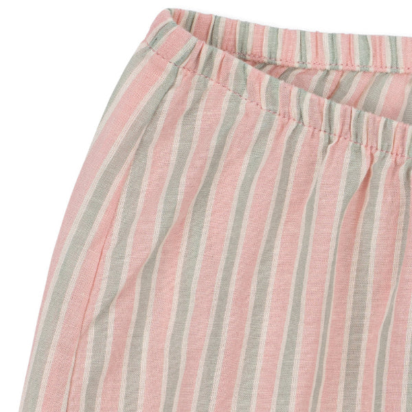 Close-up of pink and gray striped organic cotton fabric with a white background