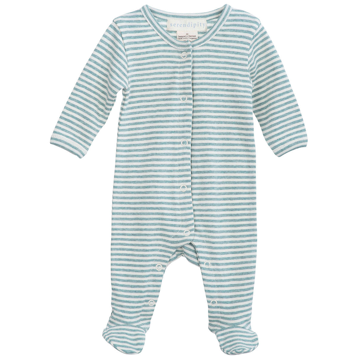 GOTS certified newborn suit with feet.Snap buttons for easy changing.100% Organic  cotton,light blue and ecru stripes.