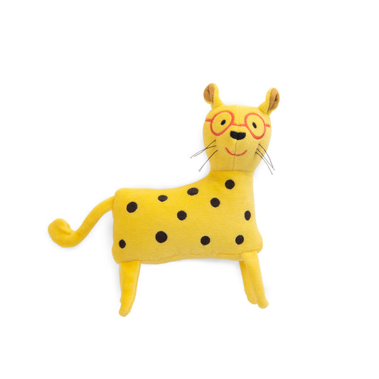 Yellow plush toy with black spots and glasses on a white background