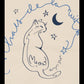 Line drawing of a cat with stars and a moon on a beige background