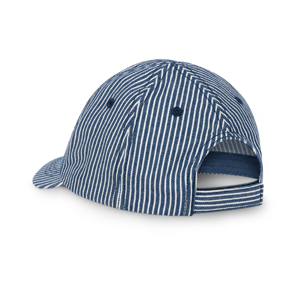 Blue and white striped baseball cap on a white background